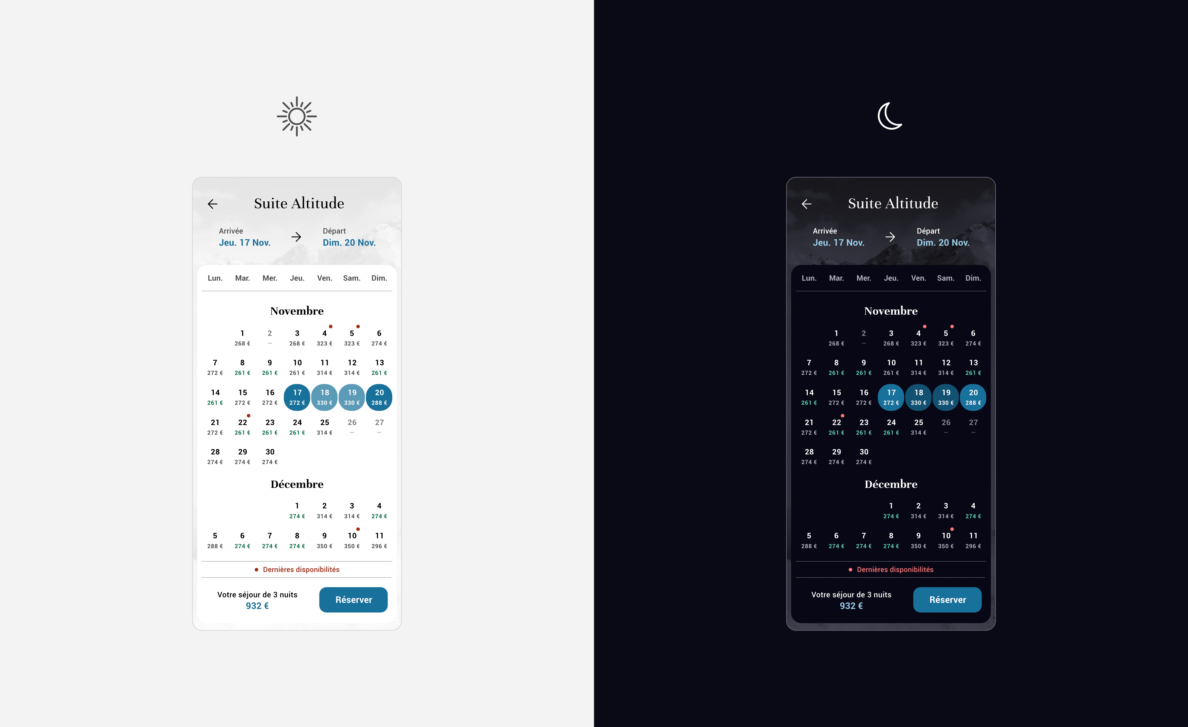 Interfaces Mobile light et dark mode