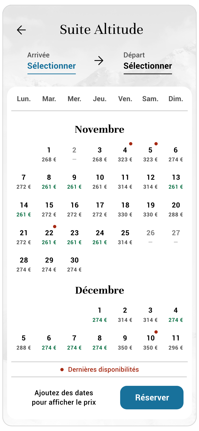 Calendrier sélection arrivée