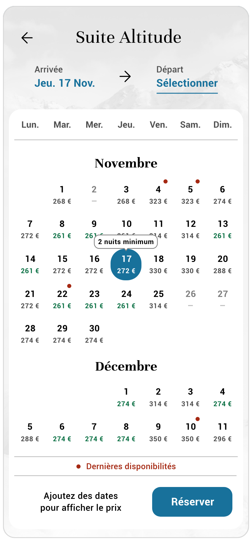 Calendrier sélection départ