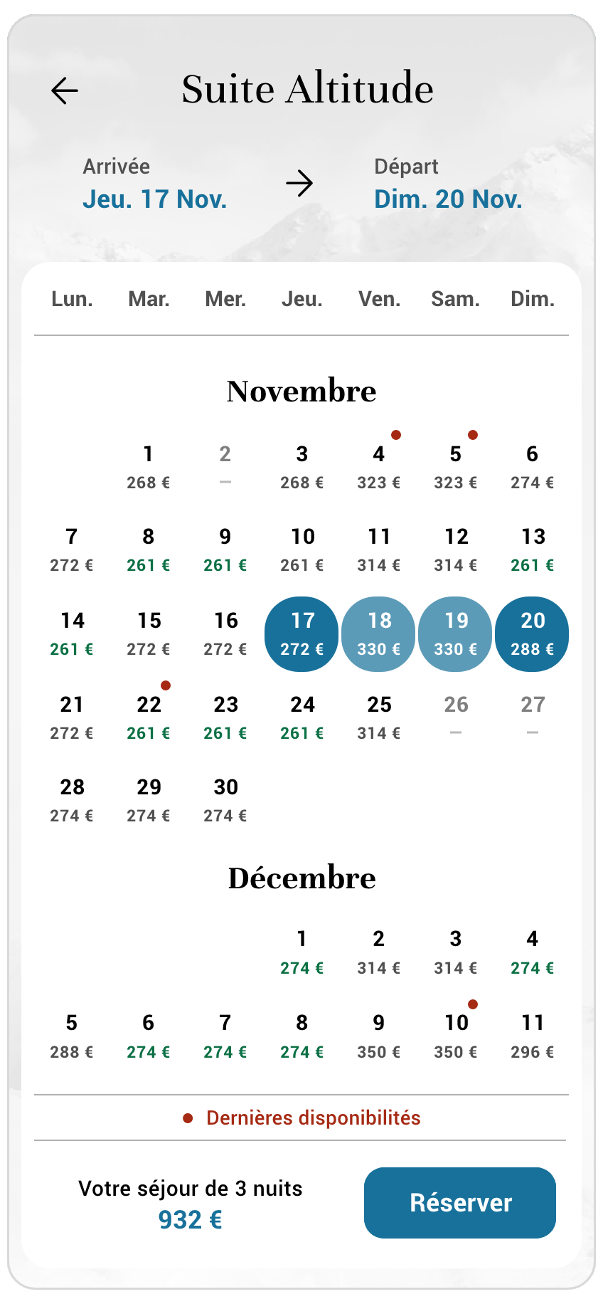 Calendrier total prix